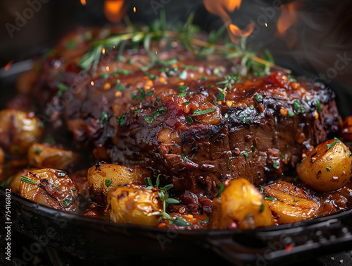 Delicious pot roast photography, explosion flavors, studio lighting, studio background, well-lit, vibrant colors, sharp-focus, high-quality, artistic, unique, award-winning photograph