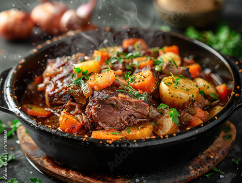 Delicious pot roast photography, explosion flavors, studio lighting, studio background, well-lit, vibrant colors, sharp-focus, high-quality, artistic, unique, award-winning photograph