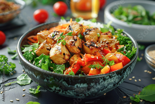 Vegan Buddha bowl with tofu and mixed vegetables.