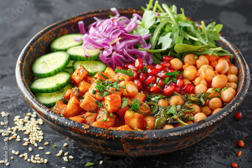 Tofu and mixed vegetables in a vegan Buddha bowl