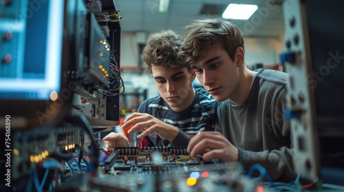 Two male university students in technology lab working on technology project, computer program design, computer engineering course.