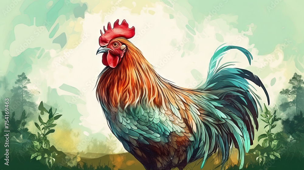 Watercolor illustration of a colorful rooster on a green summer background. The concept of agriculture and poultry farming