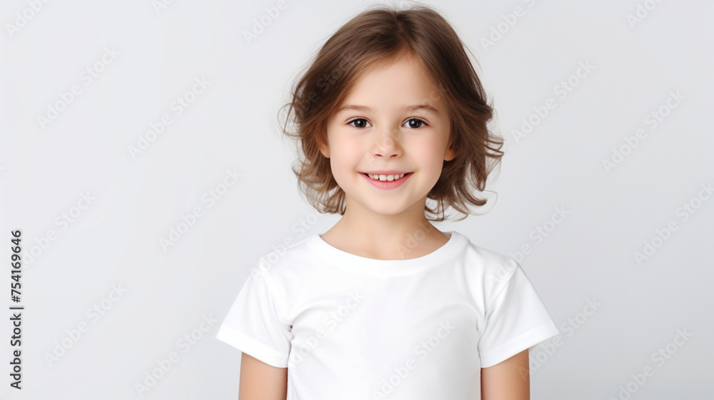 Smiling teenage girl in a white T-shirt on a white background mockup. Childhood lifestyle concept. Mockup copy space Smiling teenage girl in a white T-shirt on a white background mockup. Childhood lifestyle concept. Mockup copy space