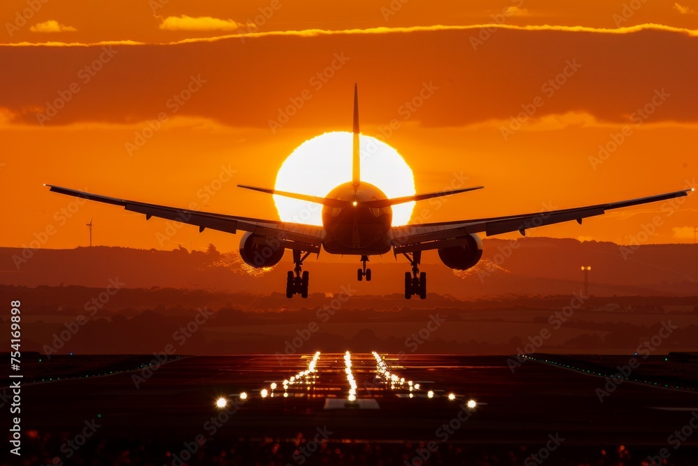 Airplane landing at sunset with the sun directly behind it. Airplane landing at sunset with the sun directly behind it.
