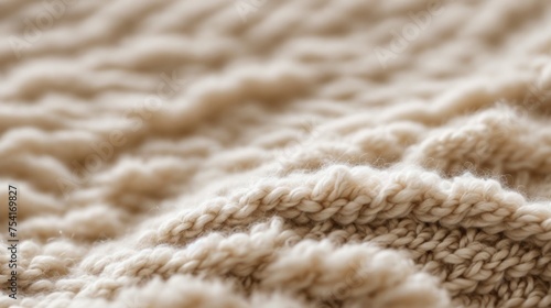 Close-up view of a textured knitted woolen fabric with soft fuzzy fibers 