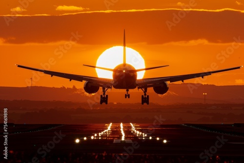 Airplane landing at sunset with the sun directly behind it.