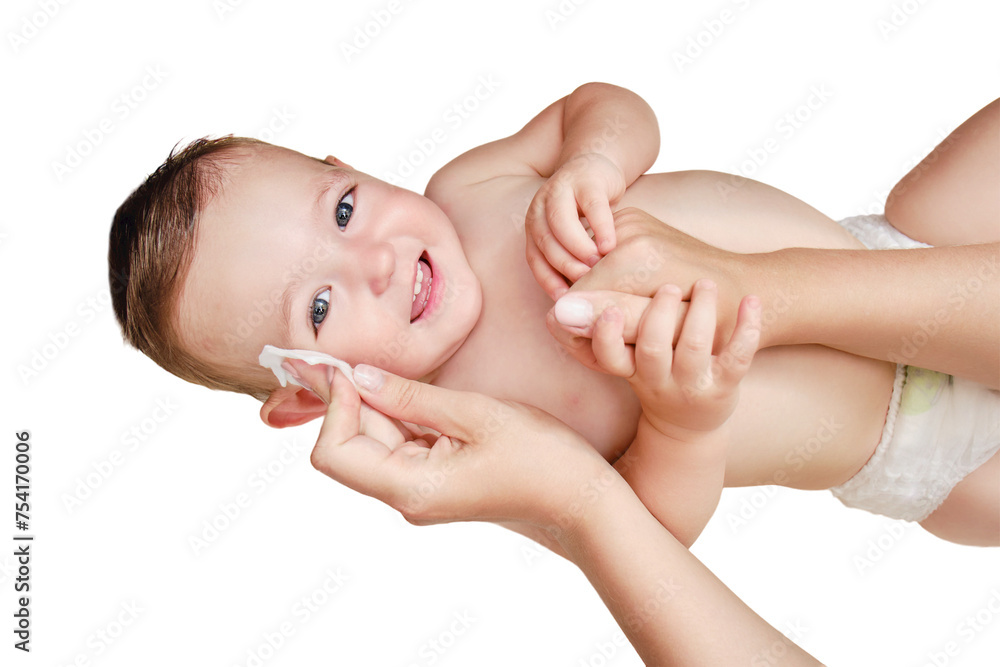A mother washes the face of a happy toddler baby boy with a cotton pad, isolated on a white background. Mom cleanses the skin of a smiling child, isolated on a white background. Kid age one year A mother washes the face of a happy toddler baby boy with a cotton pad, isolated on a white background. Mom cleanses the skin of a smiling child, isolated on a white background. Kid age one year
