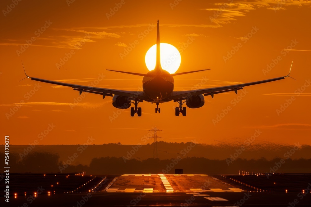 Airplane landing at sunset with the sun directly behind it.