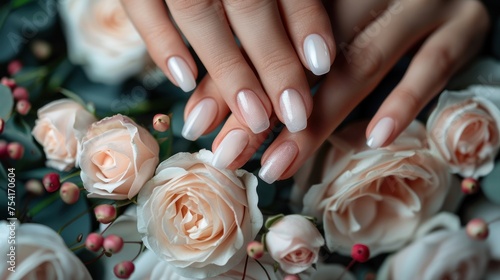 Female hand with beautiful neutral colored manicure. Beautiful bridal gel manicure on nails on background with roses.e photo
