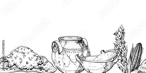 Hand drawn ink vector illustration, cooking pot ceramics, maize corn quinoa vegetable plant. Seamless banner isolated white background. Design travel, vacation, brochure, print, cafe restaurant menu