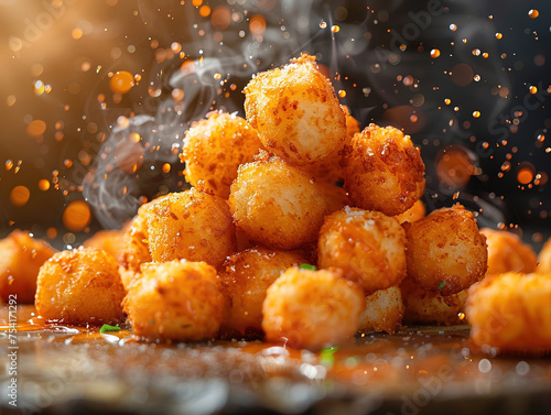 Delicious tater tots photography, explosion flavors, studio lighting, studio background, well-lit, vibrant colors, sharp-focus, high-quality, artistic, unique, award-winning photograph