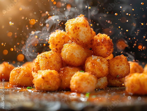 Delicious tater tots photography, explosion flavors, studio lighting, studio background, well-lit, vibrant colors, sharp-focus, high-quality, artistic, unique, award-winning photograph photo