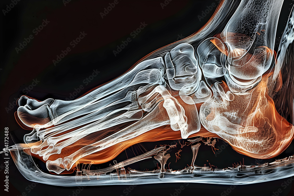 Creative MRI image showing a cross-sectional view of the sole of a human foot, detailing the complex layers of muscles, tendons, and bones. - obrazy, fototapety, plakaty 
