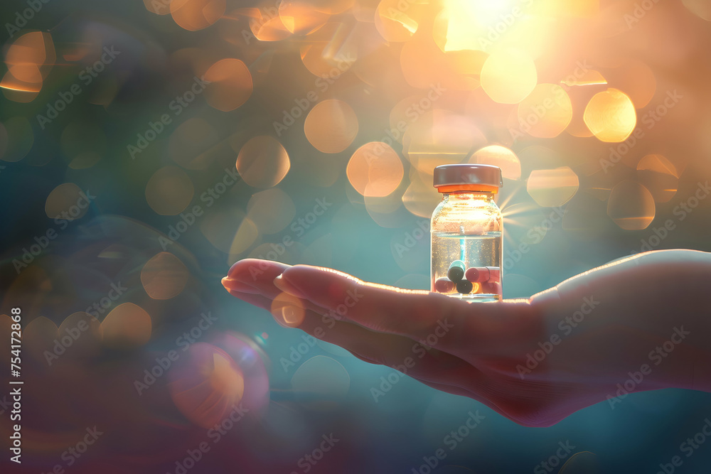 Abstract composition of antiviral medication, with a focus on a glass bottle and pills resting on a person's palm. - obrazy, fototapety, plakaty 
