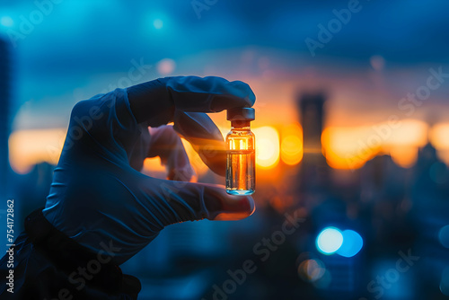 A healthcare worker's hand clutching a small, clear vaccine vial tightly, with a blurred cityscape at dawn in the background. Discover new vaccines. 