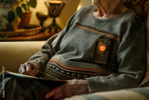 A compact, wireless heart monitoring device attached to the chest of an elderly patient.