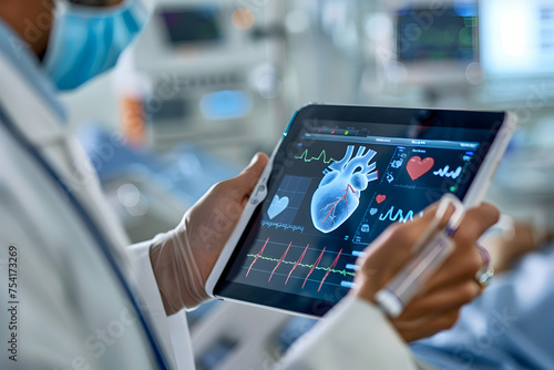 A close-up of a heart monitoring device attached to a patient's chest, with a doctor reviewing the real-time data transmitted to a tablet computer.