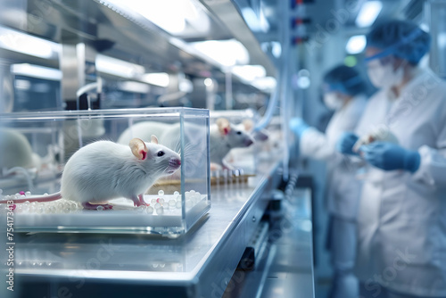 A group of laboratory mice, each in its own sophisticated glass enclosure, on a clean, stainless steel table in a high-tech research facility. 