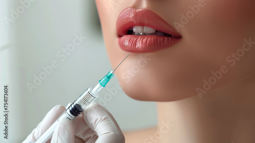 close-up, female lips. Surgeon, in medical gloves, carefully and slowly injects hyaluronic acid into woman's lips with a syringe. lip augmentation procedure. beauty injections. Plastic surgery.