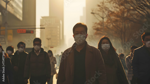 A group of people wearing protective masks against PM 2.5 pollution, walking through a densely polluted city street. photo