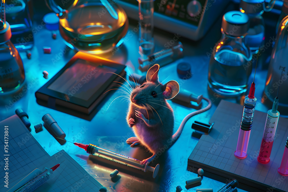 A small mouse sits alert in a sterile laboratory environment, surrounded by scientific instruments and vaccine trial equipment. - obrazy, fototapety, plakaty 