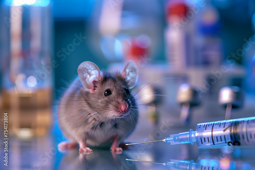 A small mouse sits alert in a sterile laboratory environment, surrounded by scientific instruments and vaccine trial equipment.