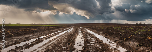 Dirt mud road and puddles on a plowed field after rain in bad weather. Agricultural field. Banner slider horizontal template. photo