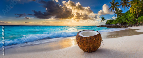 Noix de coco ouverte sur une plage tropicale de sable blanc avec une eau turquoise sans personne. photo