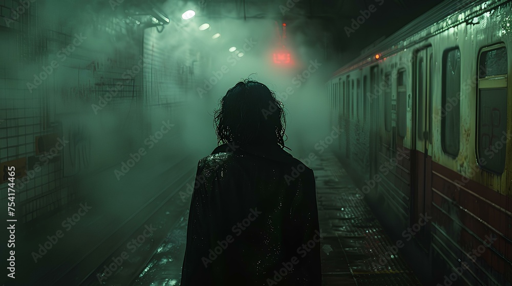 A woman with black hair and a black coat walking alone inside a smoky old, shady, dreary and grotesque subway station. cinematic movie scene, insane atmosphere. generative AI - obrazy, fototapety, plakaty 