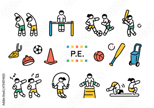 Elementary school physical education class illustration set