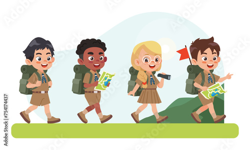 Scout honor character Set. happy cute kids studying tour route maps, summer camp holiday set.