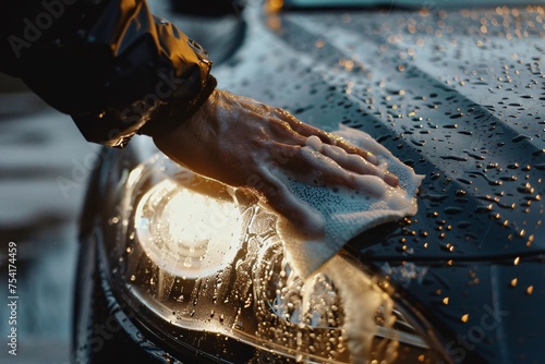 a person cleaning a car with a rag