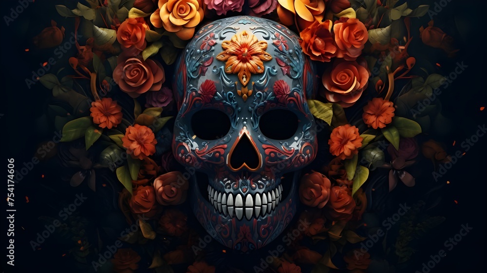 Day of the Dead Mexican Skeleton head dark horror background
