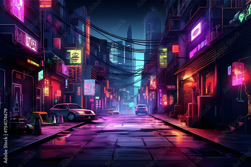 .Neonlit cyberpunk alley with holographic billboards
