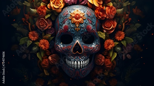 Day of the Dead Mexican Skeleton head dark horror background  © Saima