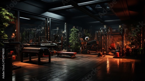 Gym Equipment in Dark Background: Realistic 3D Rendering