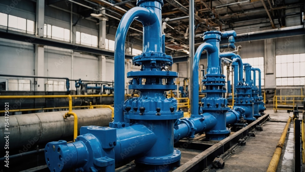 Industrial zone, Steel pipelines and equipment in blue tones at a factory