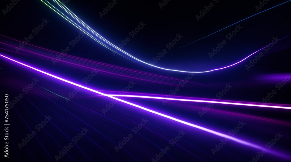 Glowing blue and purple light paths curve through the shadowy expanse Glowing blue and purple light paths curve through the shadowy expanse