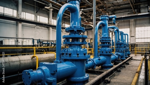 Industrial zone, Steel pipelines and equipment in blue tones at a factory
