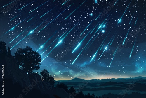 Illustration of a meteor shower over a nighttime landscape.