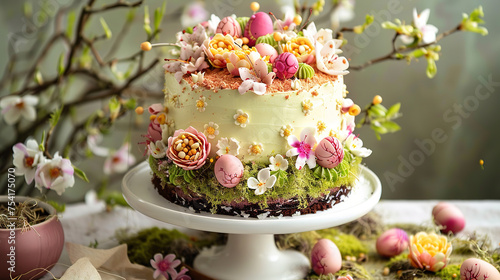 Easter cake adorned with intricate sugarcraft flowers and unique mossy base. Festive pastel eggs and chocolate layer add to springtime charm making visually stunning centerpiece photo