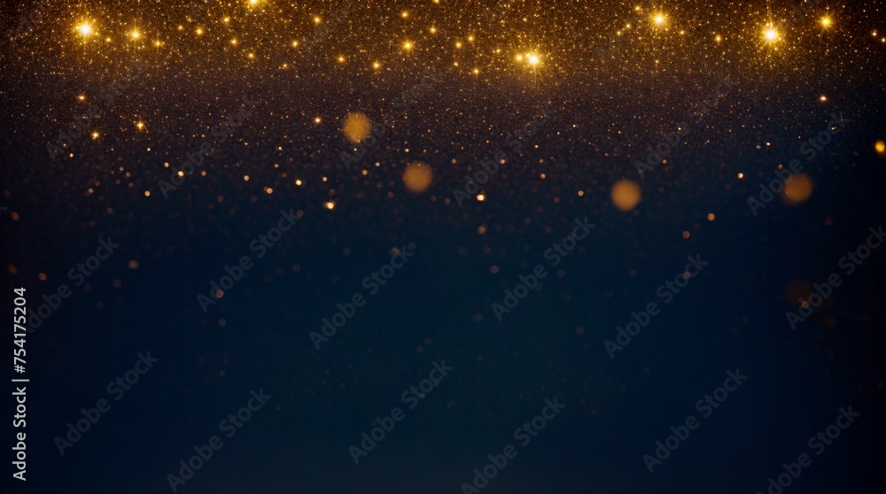 Gold sparkles shimmering against a deep blue background 