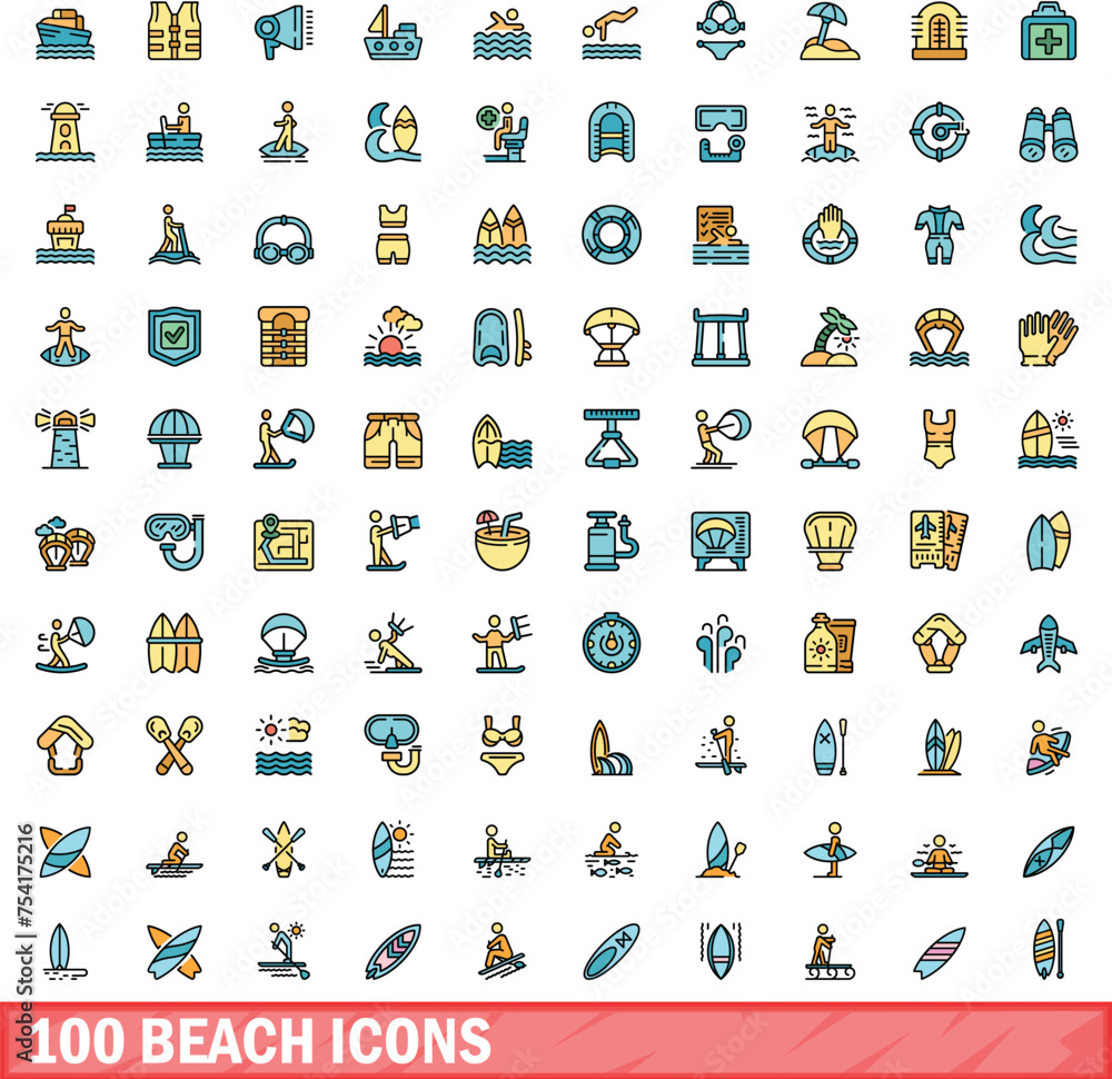 100 beach icons set. Color line set of beach vector icons thin line color flat on white 100 beach icons set. Color line set of beach vector icons thin line color flat on white