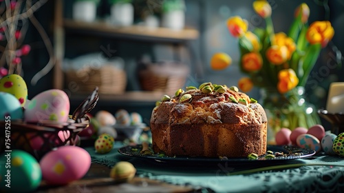 Easter celebrations with homemade cake adorned with painted eggs. Warm inviting scene perfect for holiday-themed articles recipes and family gathering promotions