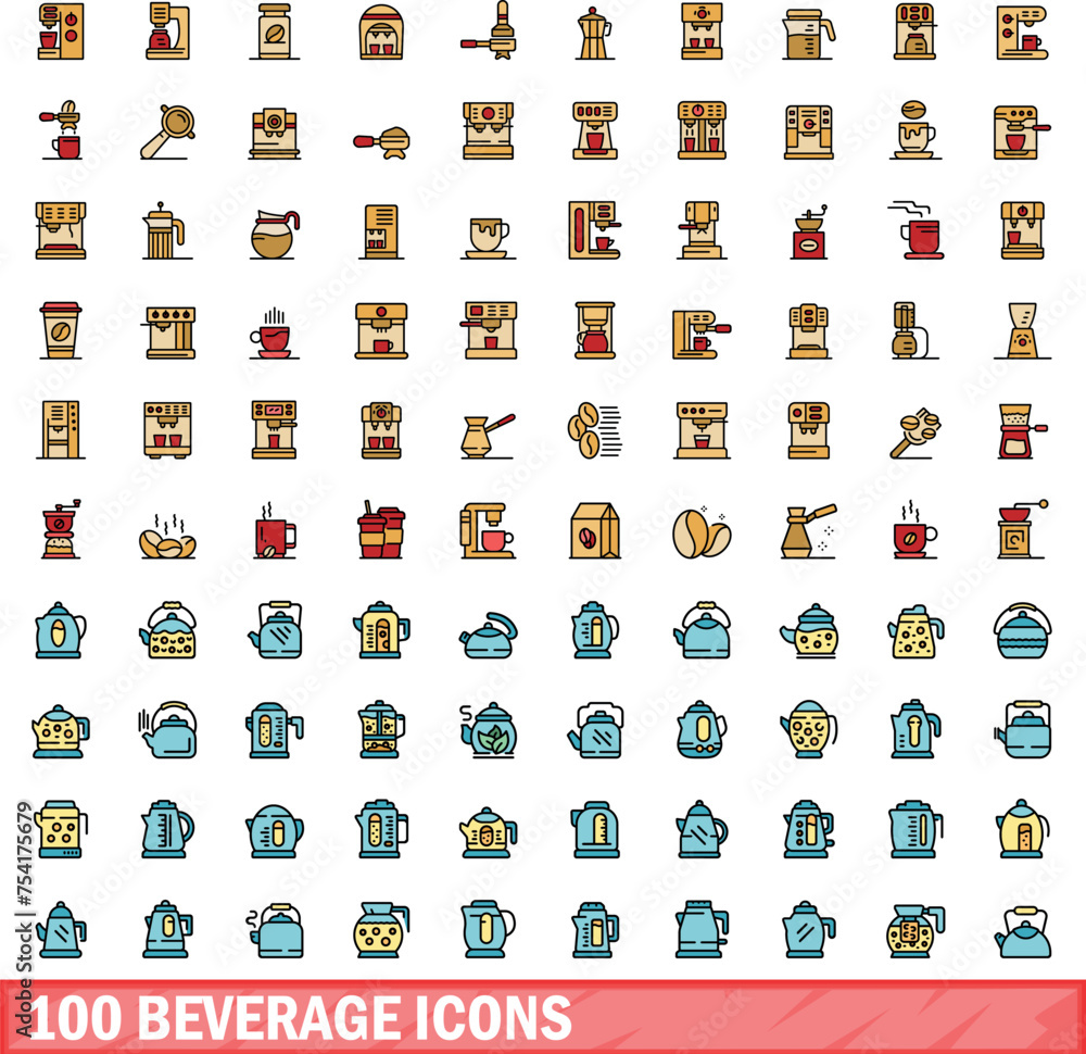 100 beverage icons set. Color line set of beverage vector icons thin line color flat on white 100 beverage icons set. Color line set of beverage vector icons thin line color flat on white