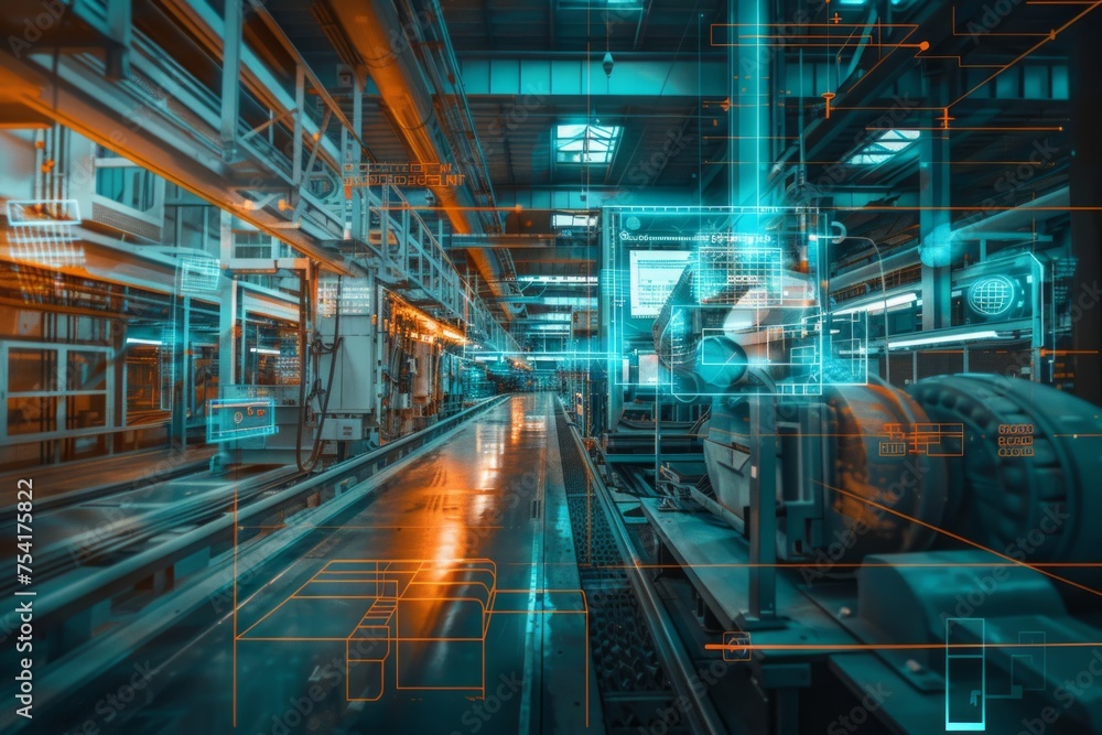 Futuristic industrial facility with digital overlays Futuristic industrial facility with digital overlays