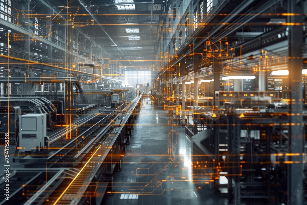 Fototapeta premium Futuristic industrial facility with digital overlays