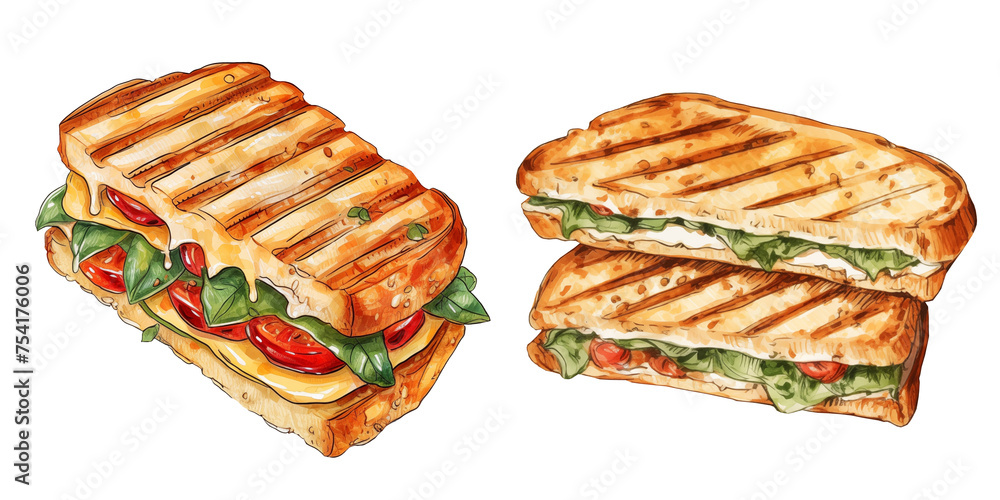 custom made wallpaper toronto digital set of two panini bread sandwich clipart breakfast snack watercolor illustration on transparent background