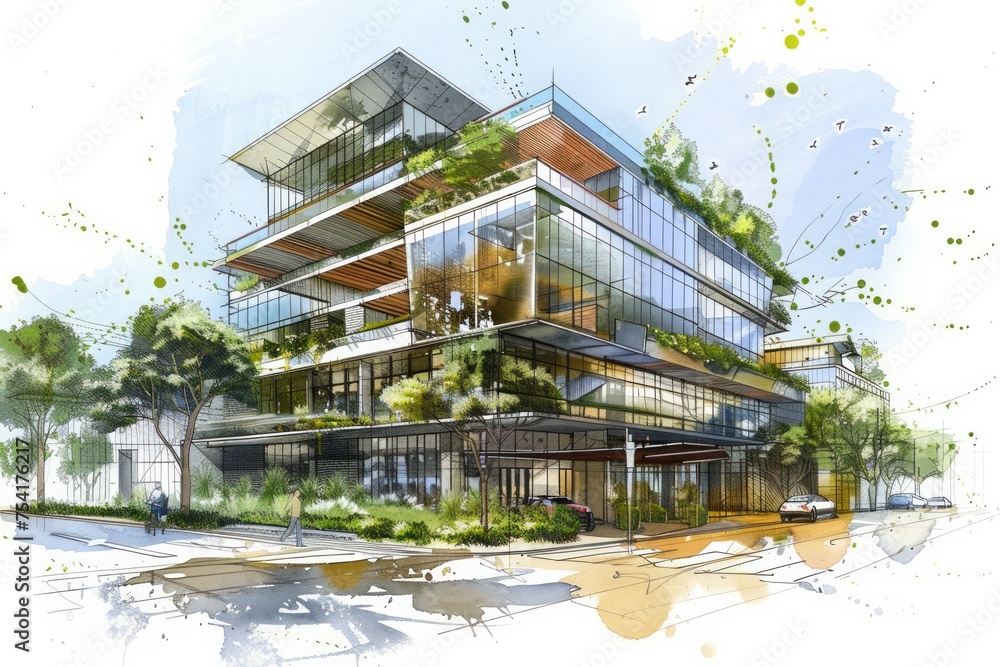Artistic architectural rendering of a modern eco friendly building Artistic architectural rendering of a modern eco friendly building