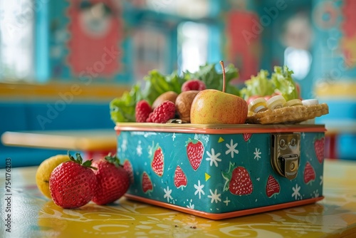 Vintage Lunchbox with Healthy Food on a Brightly Colored Table Surrounded by Fresh Strawberries photo